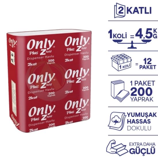 Only Plus Z Katlı Dispenser Havlu 200'lü 12 Paket resmi